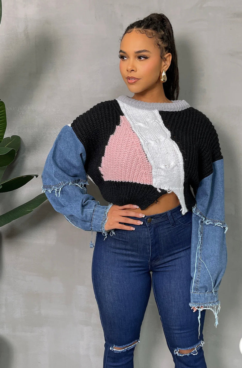 Cropped Pattern Jeans sleeve Sweater