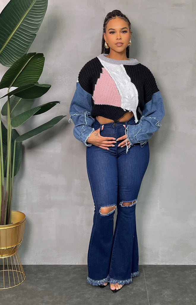 Cropped Pattern Jeans sleeve Sweater