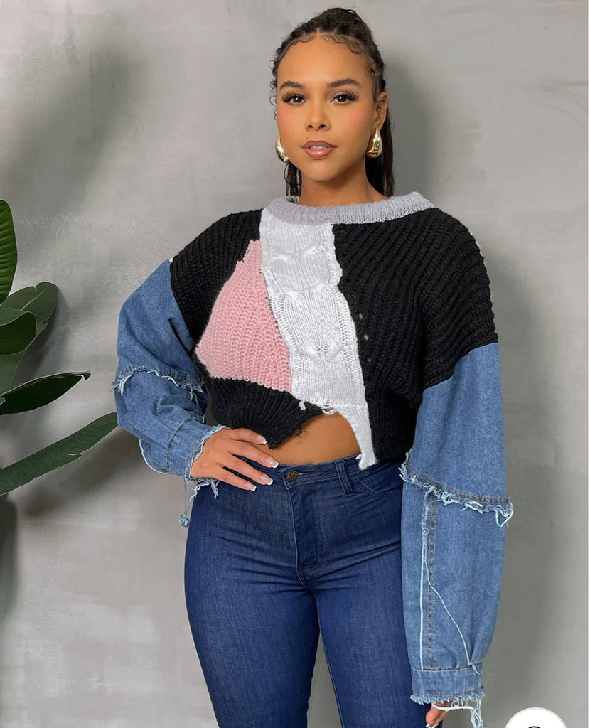 Cropped Pattern Jeans sleeve Sweater